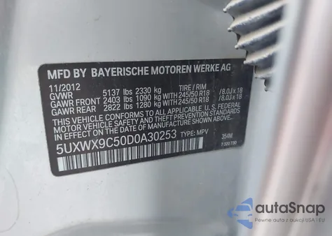 2013 BMW X3 xDrive28I z USA, uszkodzony, nr VIN 5UXWX9C50D0A30253